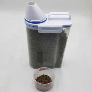Airtight pet food storage container with measuring scoop for dogs and cats
