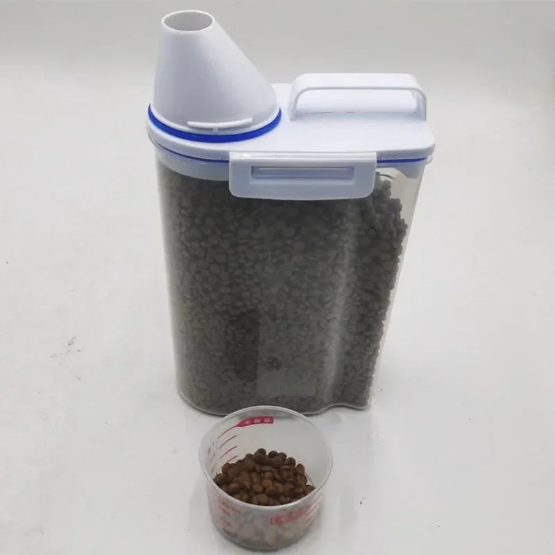 Airtight pet food storage container with measuring scoop for dogs and cats