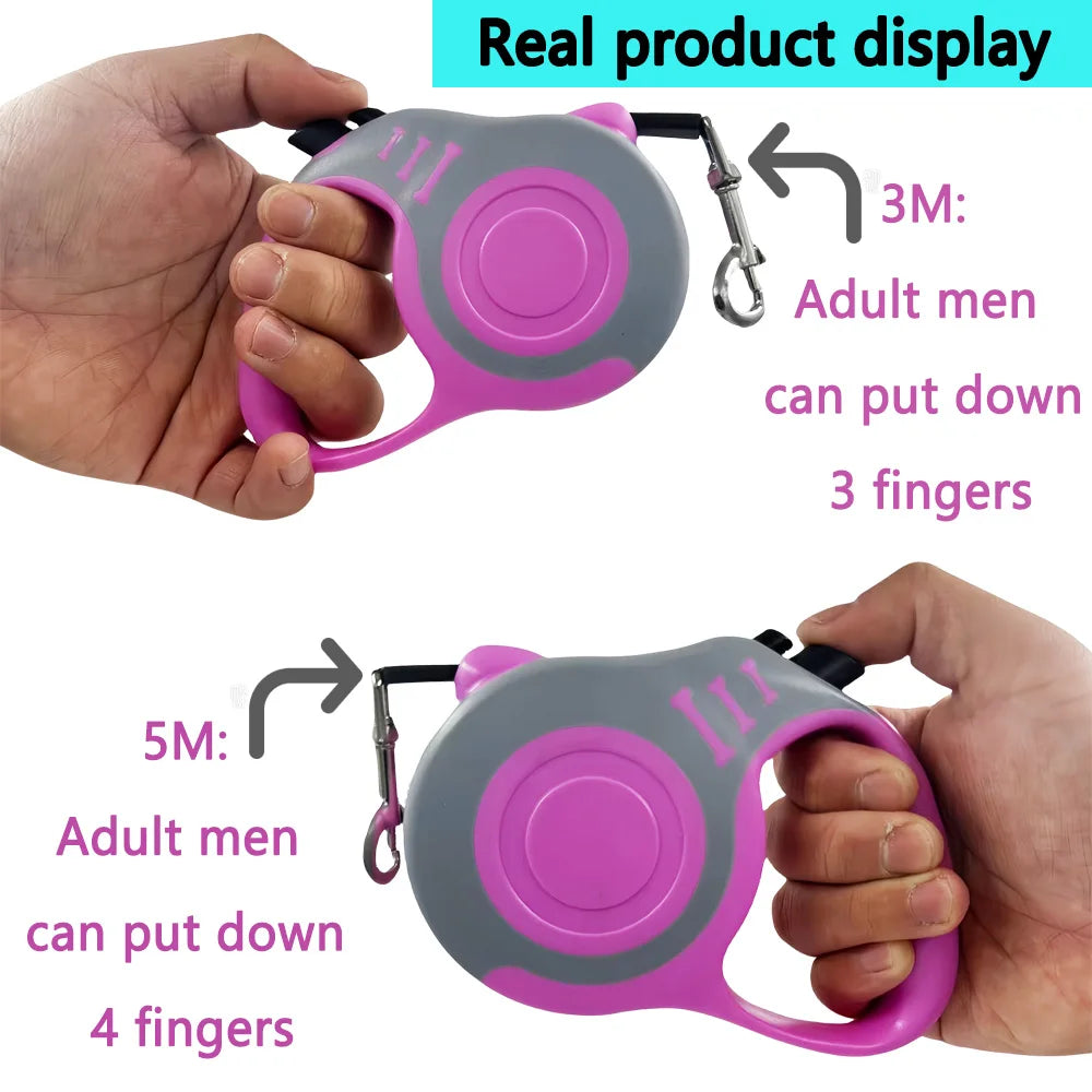 Retractable nylon dog leash with adjustable 3m or 5m length