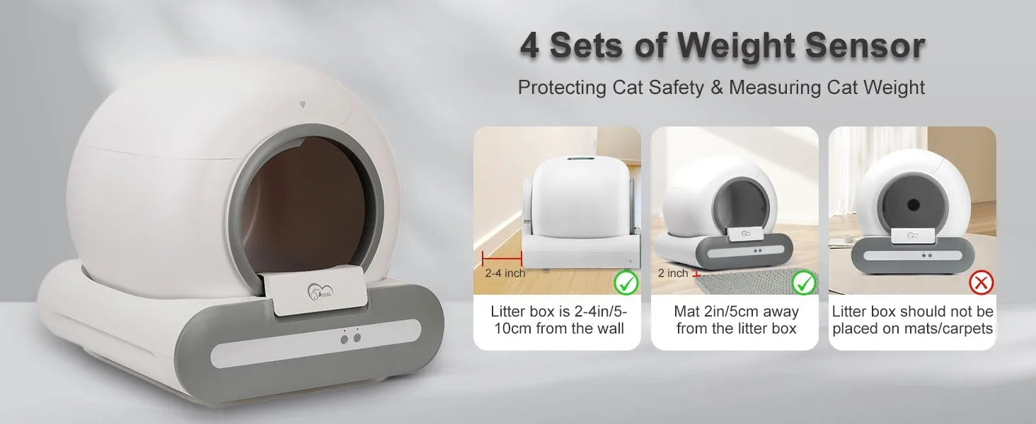 Cat litter box with weight sensor and installation guidelines on a gray background