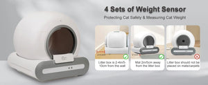 Cat litter box with weight sensor and installation guidelines on a gray background