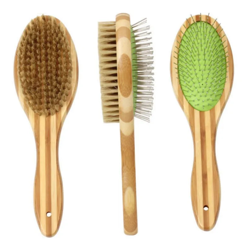 Double-sided bamboo grooming brush for dog coat care