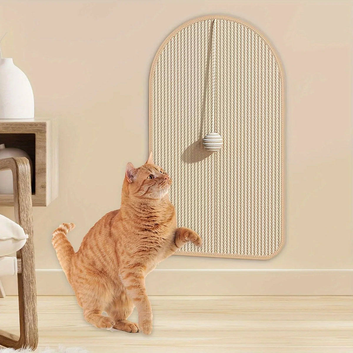 Natural sisal wall-mounted scratch pad for cats