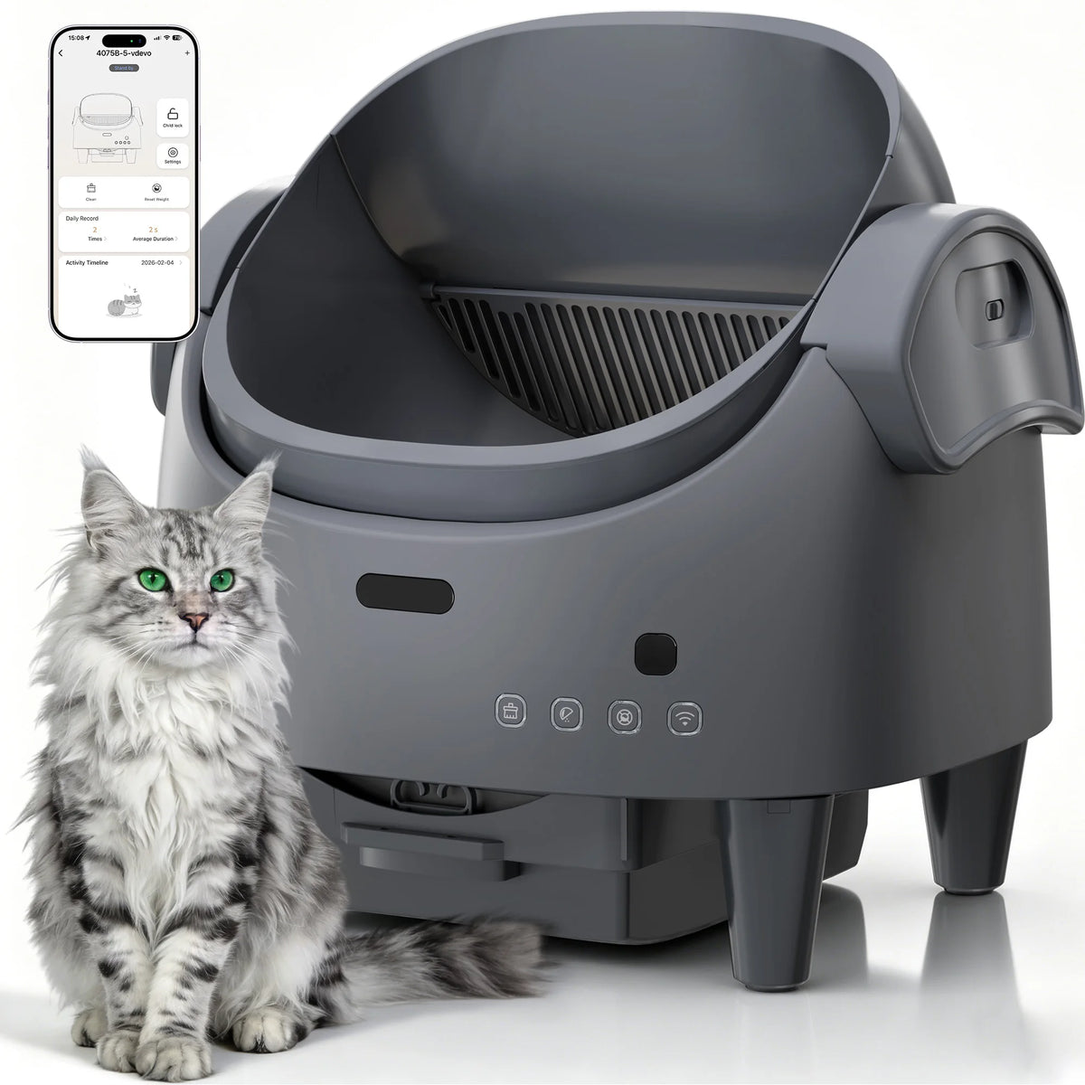 Self-cleaning open-top litter box with app control for cats