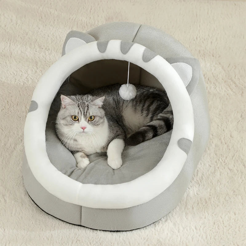 Cosy plush cat cave bed with removable washable cushion