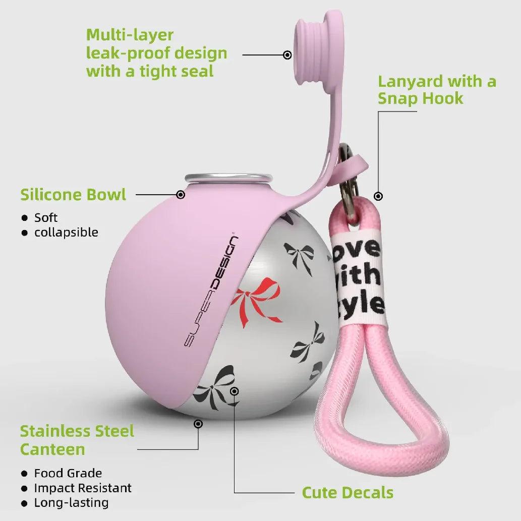 Leak-proof stainless steel water bottle with bowl attachment for dogs