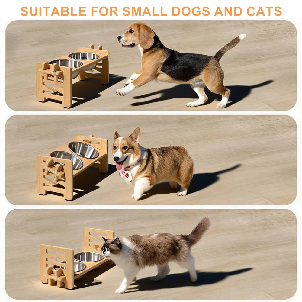 Adjustable wooden bowl stand with steel bowls for small dogs and cats