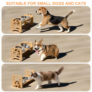 Adjustable wooden bowl stand with steel bowls for small dogs and cats