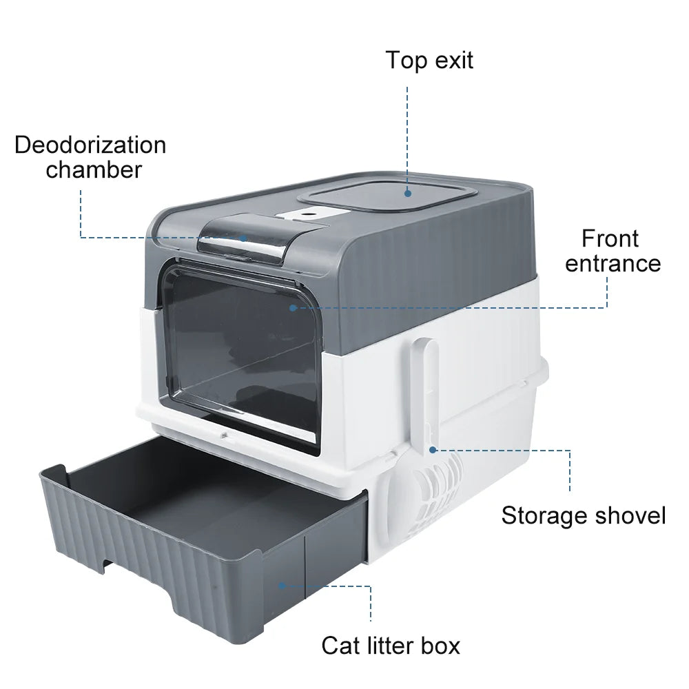Large hooded cat litter box with odor control and scoop