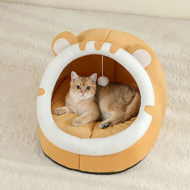 Cosy plush cat cave bed with removable washable cushion