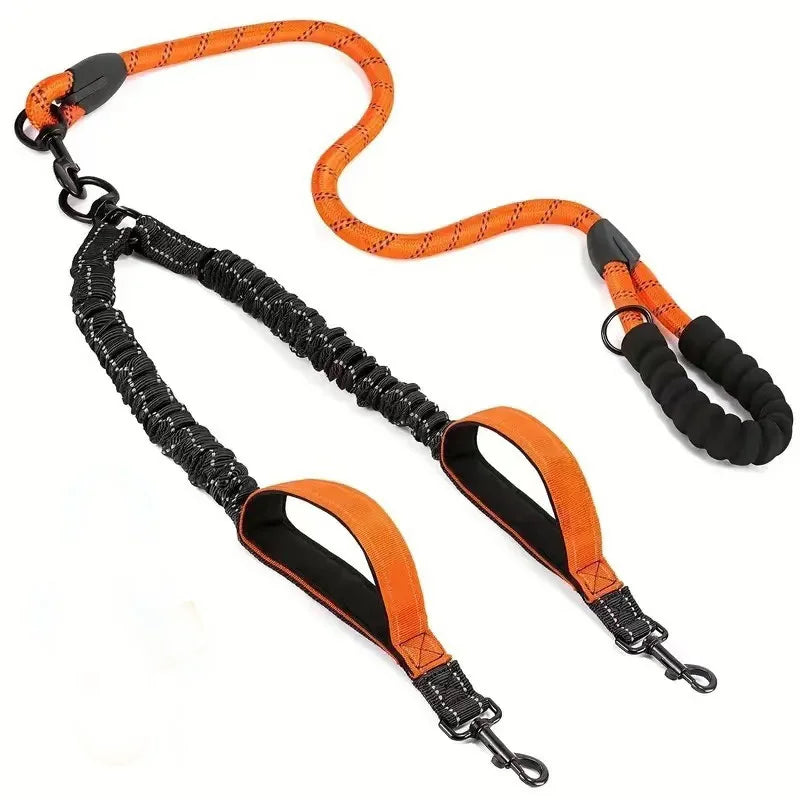 Reflective double dog leash with swivel coupler and traffic handle