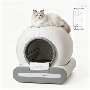 A white and gray automatic cat litter box with a fluffy white cat lying on top, shown on a clean white background with a smartphone app screen graphic in the upper right.