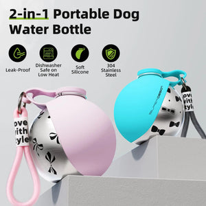 Leak-proof stainless steel water bottle with bowl attachment for dogs