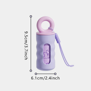 Twist-lock waste bag dispenser with leash attachment strap for dogs