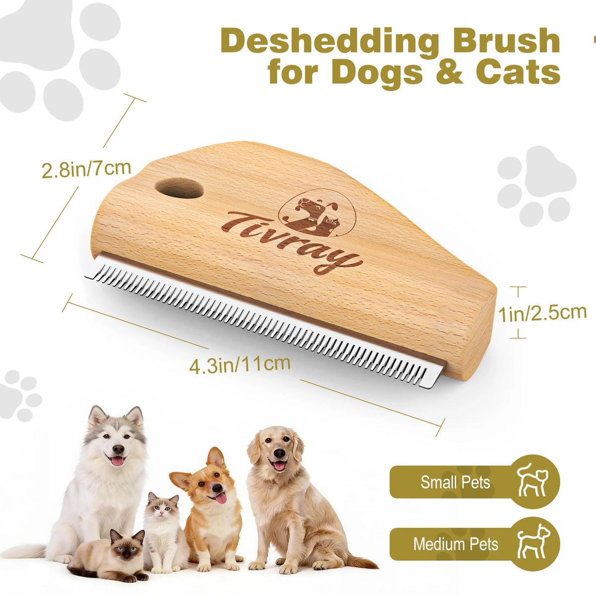 Stainless steel deshedding brush with wooden handle for dogs and cats