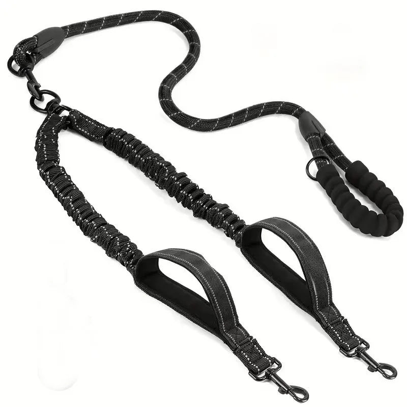 Reflective double dog leash with swivel coupler and traffic handle