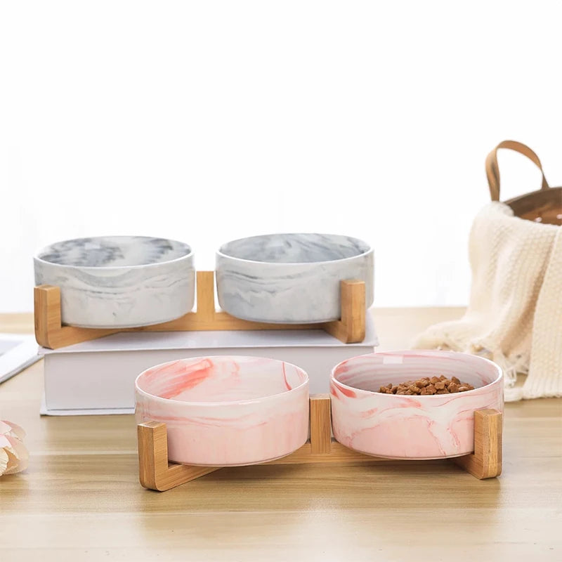 Ceramic Pet Bowl with Wood Stand - GoPoofy