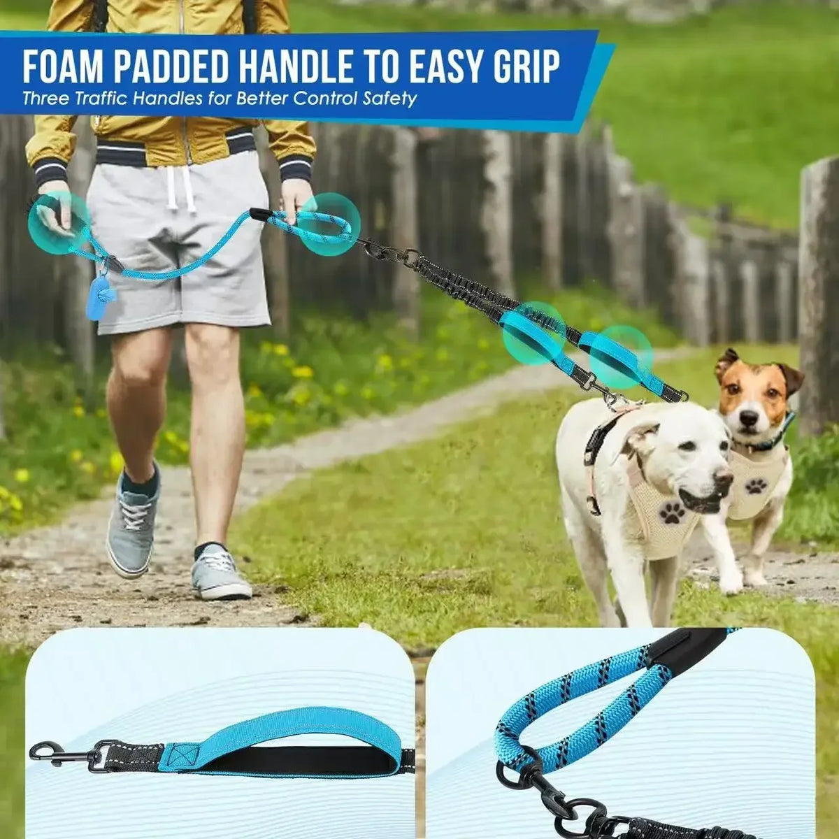 Reflective double dog leash with swivel coupler and traffic handle