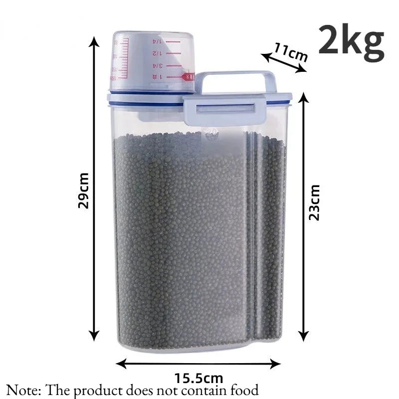 Airtight pet food storage container with measuring scoop for dogs and cats