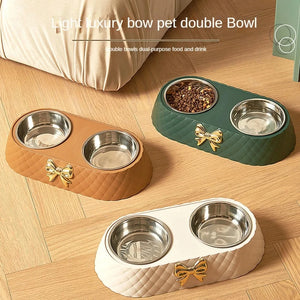 Bow-tie double feeding bowl with stainless steel bowls for dogs and cats