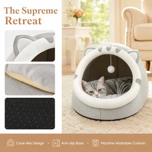 Cosy plush cat cave bed with removable washable cushion