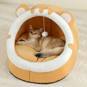 Cosy plush cat cave bed with removable washable cushion