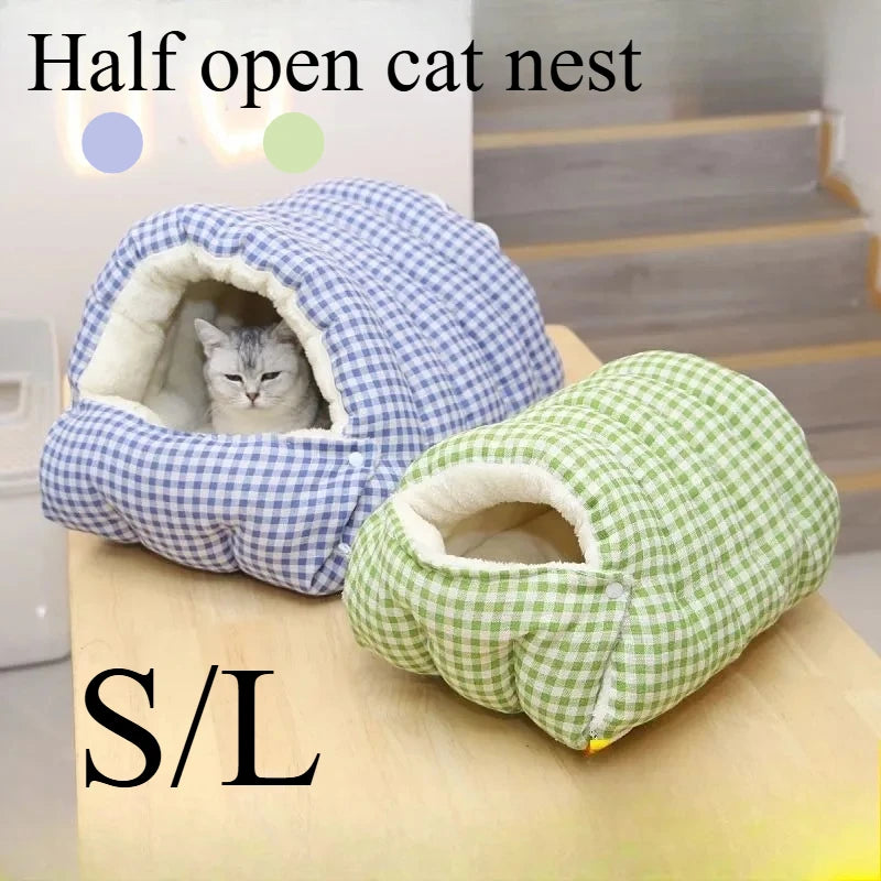 Foldable semi-enclosed winter bed for dogs and cats