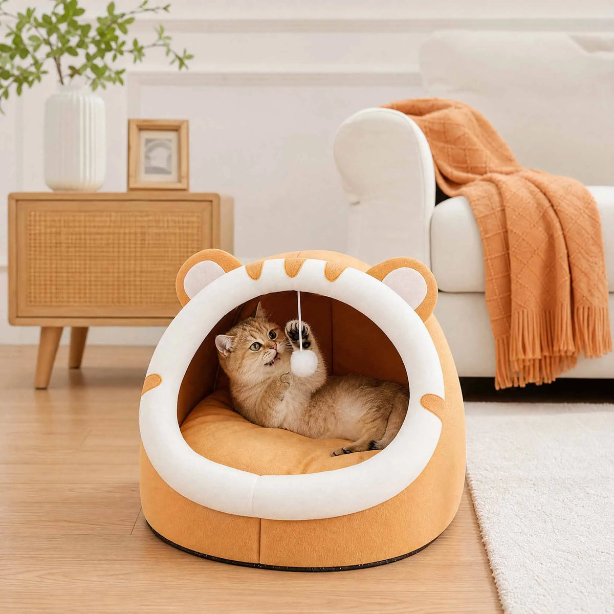 Cosy plush cat cave bed with removable washable cushion