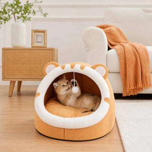 Cosy plush cat cave bed with removable washable cushion