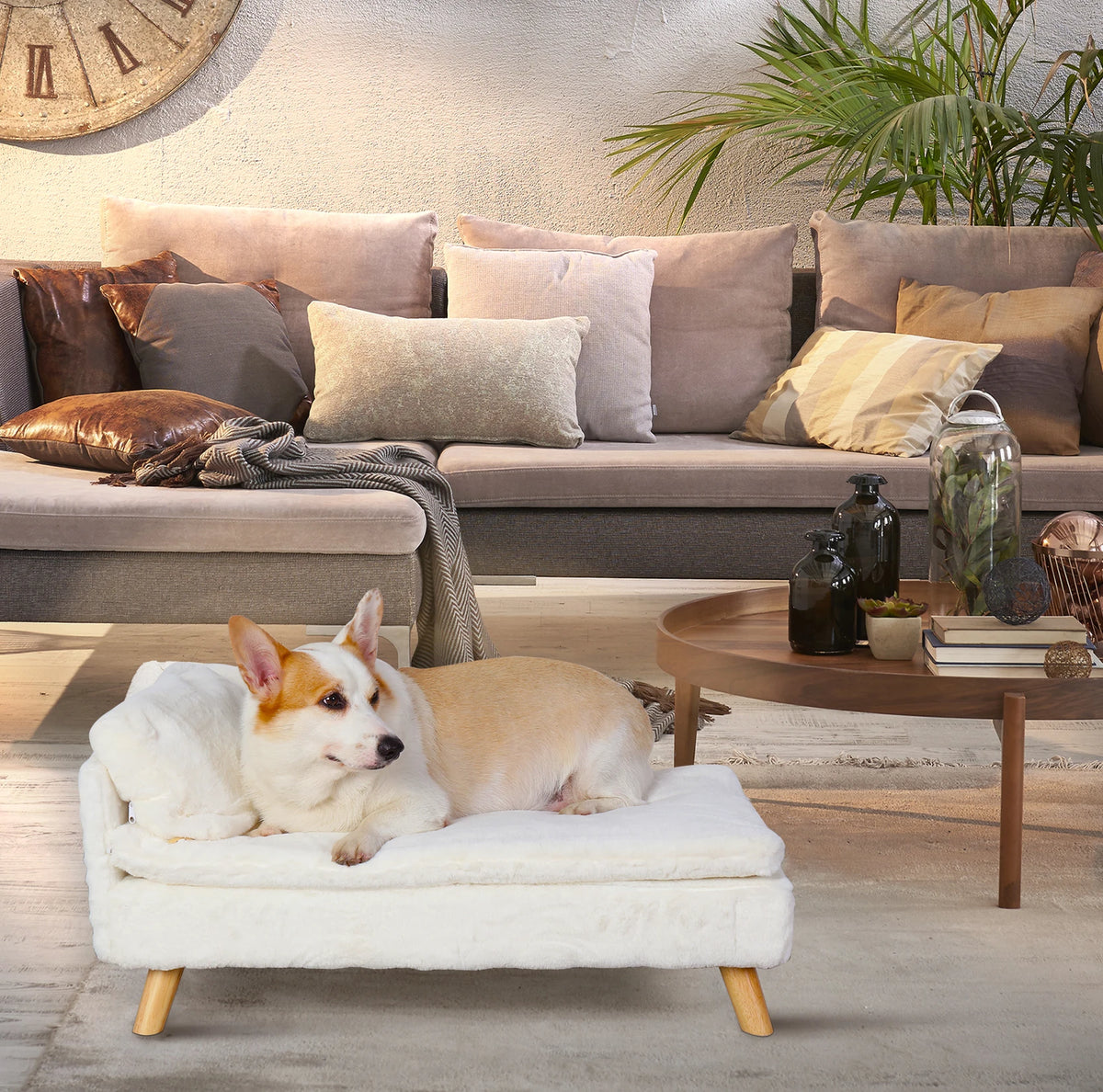 Elevated Nordic-style pet bed with wood legs for small dogs and cats
