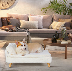 Elevated Nordic-style pet bed with wood legs for small dogs and cats