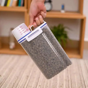 Airtight pet food storage container with measuring scoop for dogs and cats