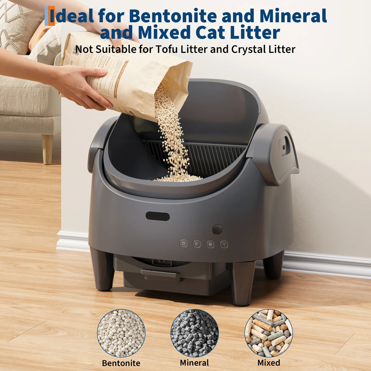 Self-cleaning open-top litter box with app control for cats