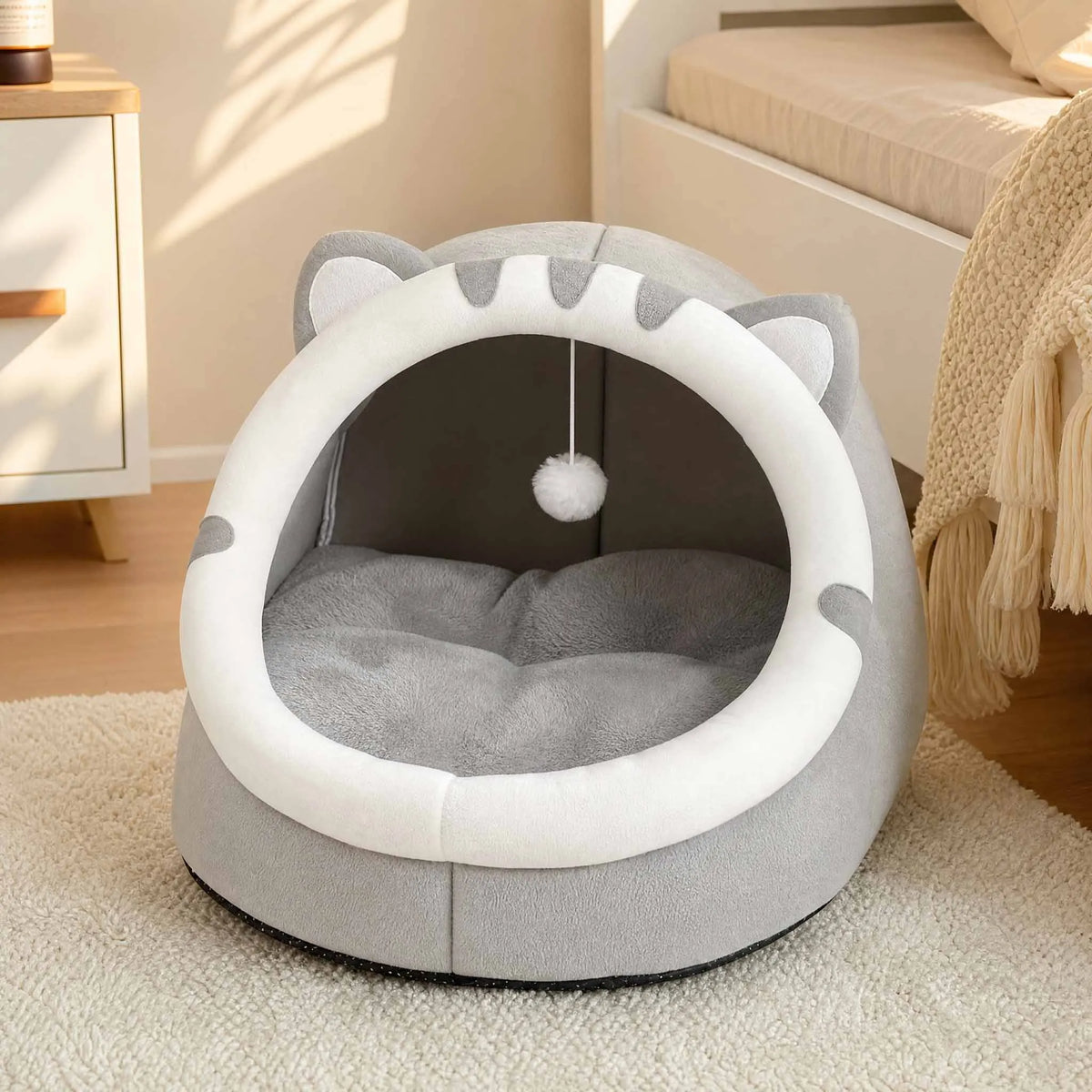 Cosy plush cat cave bed with removable washable cushion