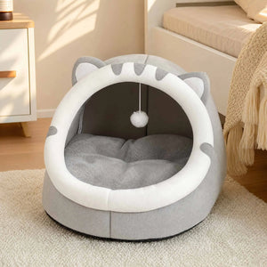 Cosy plush cat cave bed with removable washable cushion
