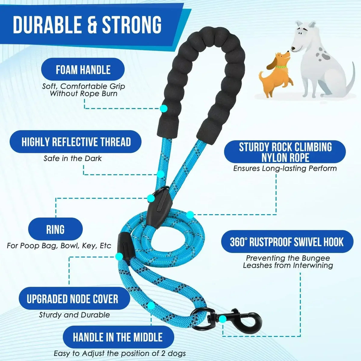 Reflective double dog leash with swivel coupler and traffic handle
