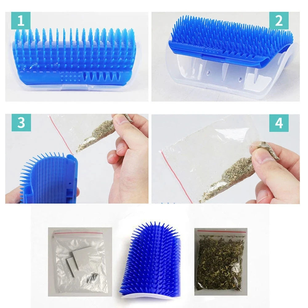 Wall-corner self-grooming brush for cats