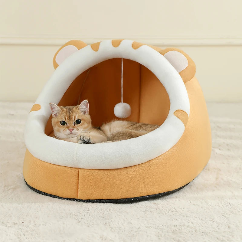 Cosy plush cat cave bed with removable washable cushion