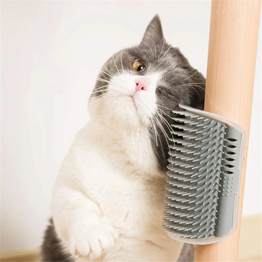 Wall-corner self-grooming brush for cats