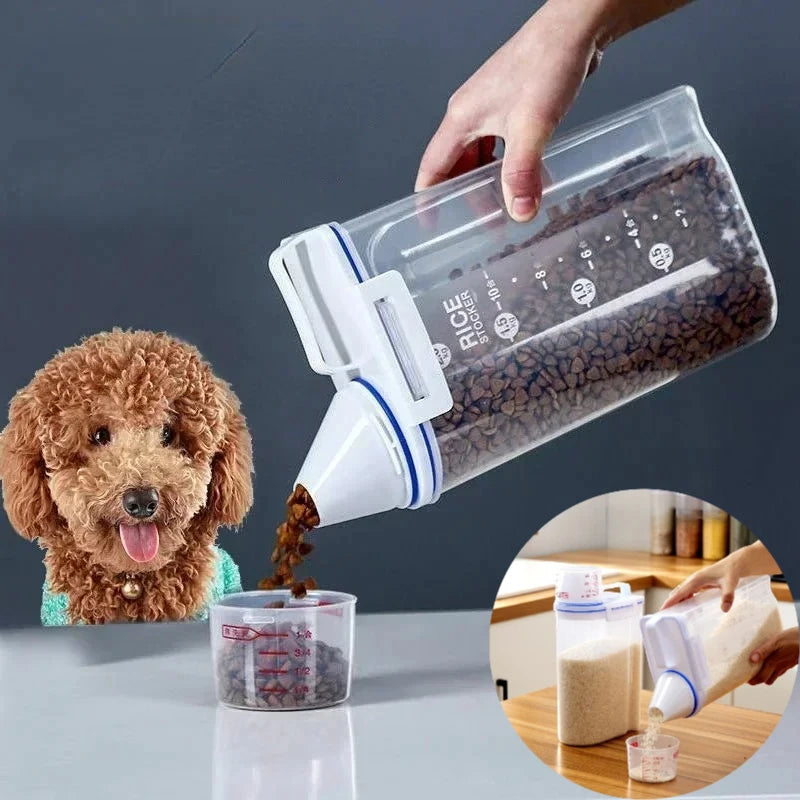 Airtight pet food storage container with measuring scoop for dogs and cats