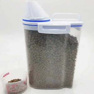 Airtight pet food storage container with measuring scoop for dogs and cats
