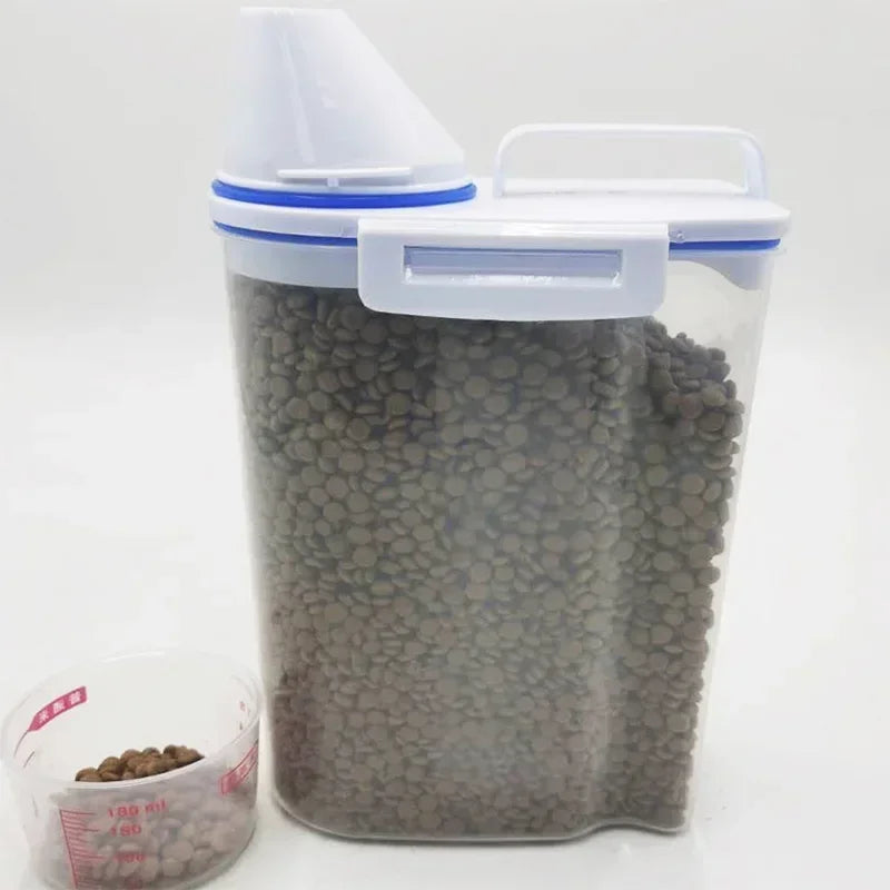 Airtight pet food storage container with measuring scoop for dogs and cats