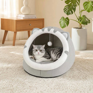 Cosy plush cat cave bed with removable washable cushion