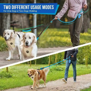 Reflective double dog leash with swivel coupler and traffic handle
