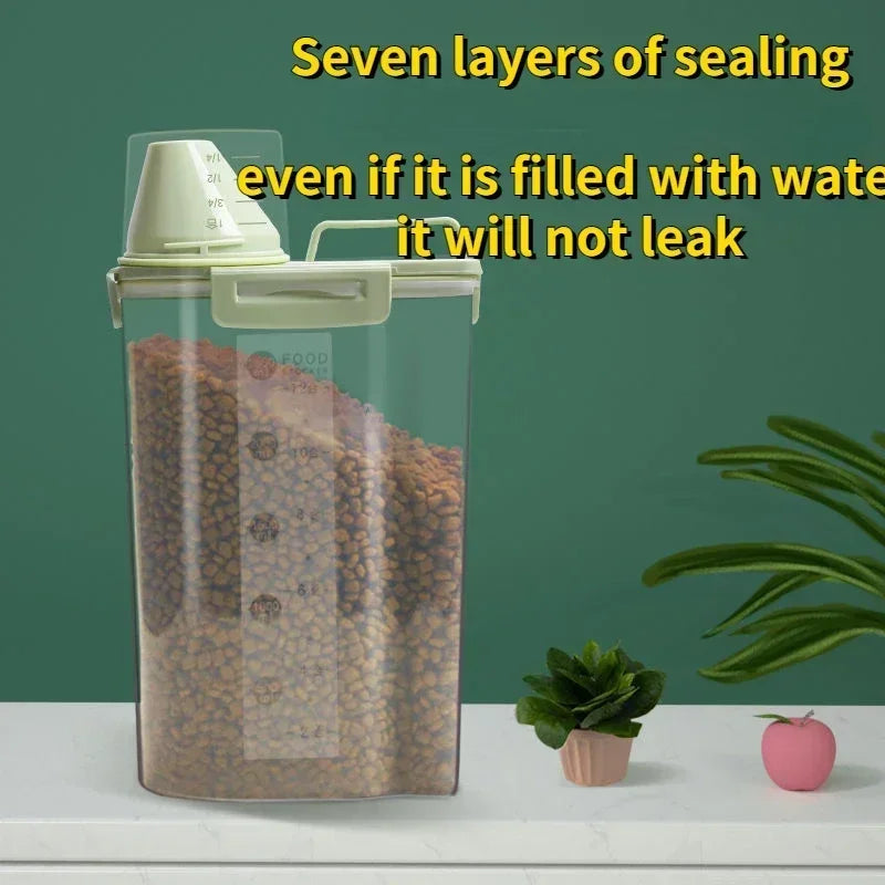 Airtight pet food storage container with measuring scoop for dogs and cats