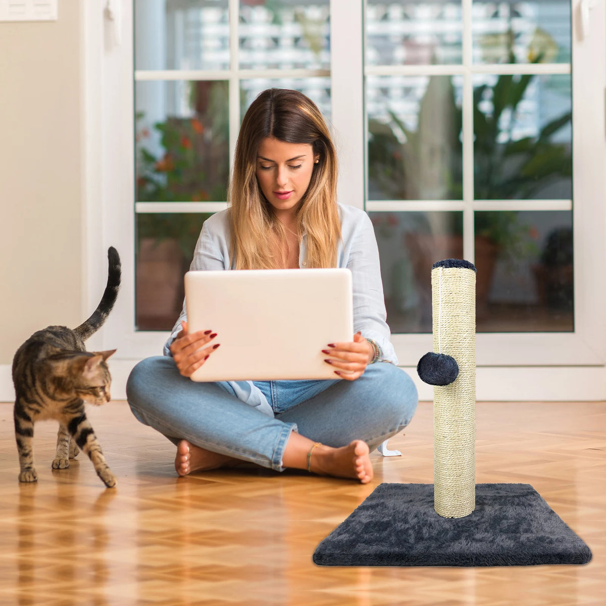 Tall cat scratching post and climbing tower for indoor cats