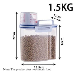 Airtight pet food storage container with measuring scoop for dogs and cats