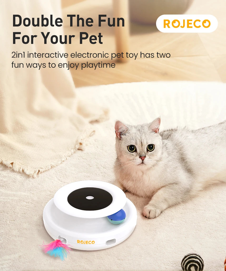 Automatic interactive cat toy with feathers and rotating ball, multiple play modes