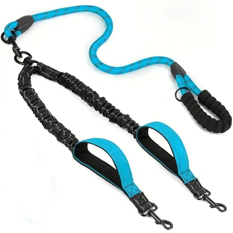 Reflective double dog leash with swivel coupler and traffic handle