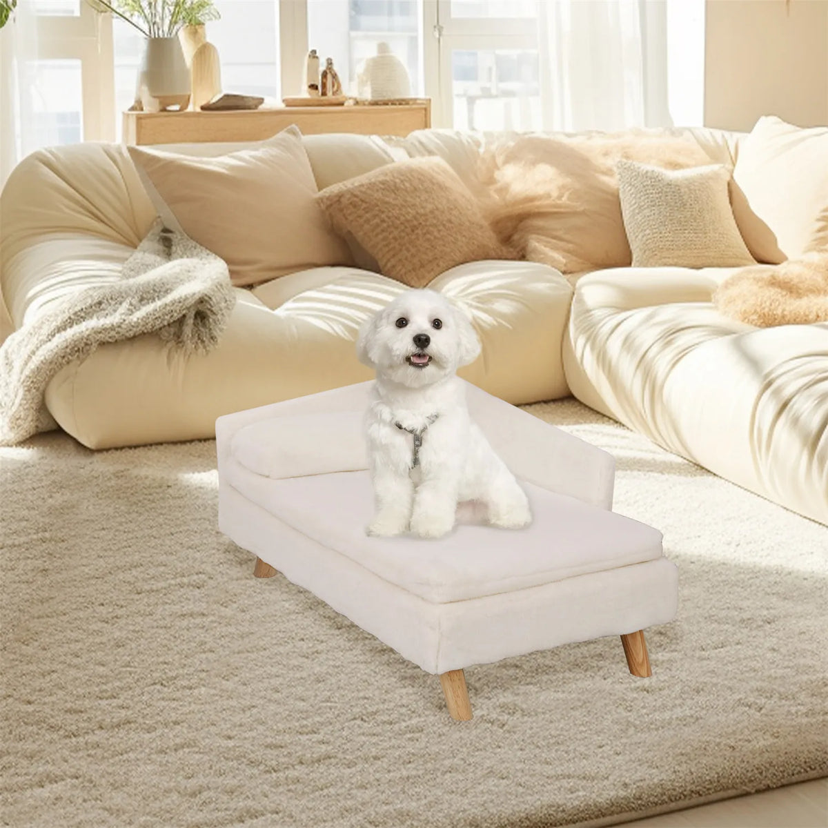 Elevated Nordic-style pet bed with wood legs for small dogs and cats